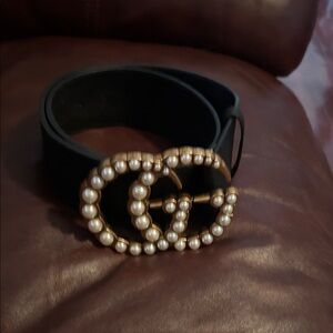 Pearl-Embellished Black Leather Belt high waist belt